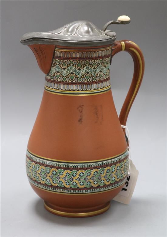 A Wedgwood style antico rosso pear shaped jug with pewter cover, height 24cm